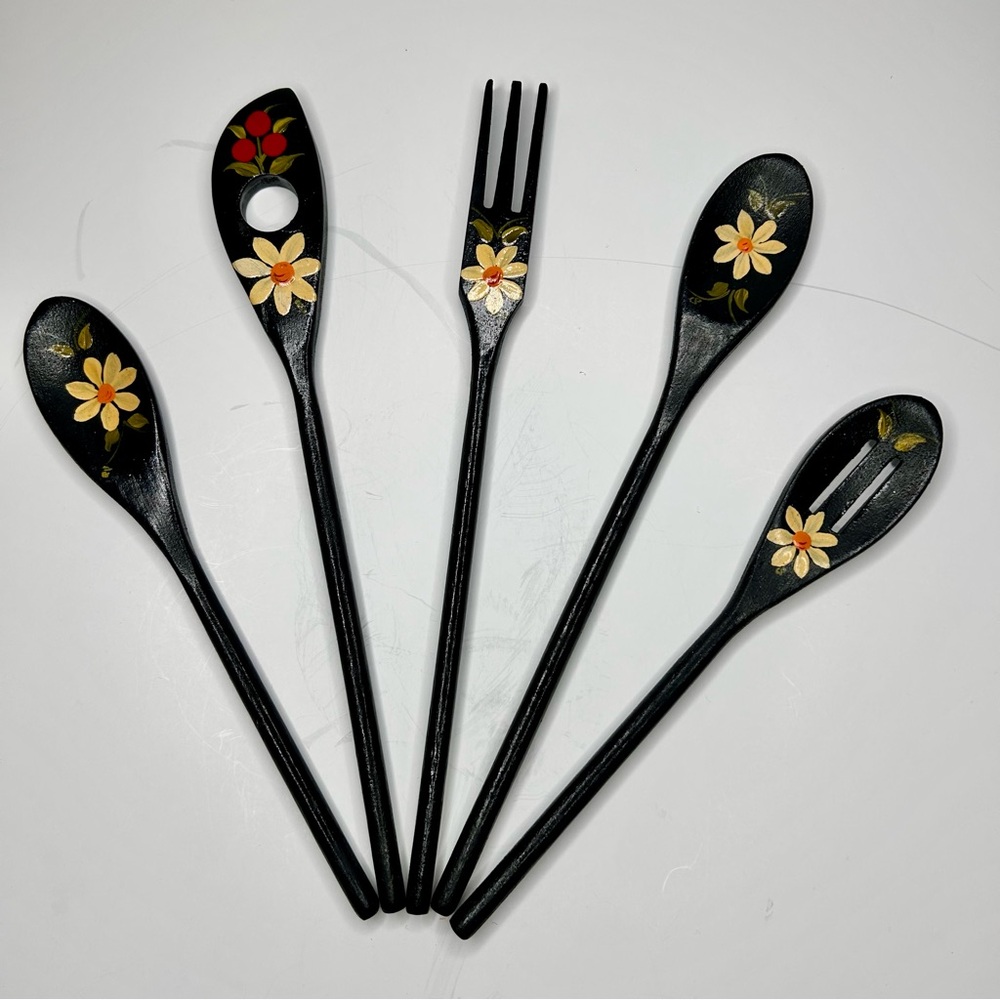 Handcrafted Black Floral Wooden Utensil Set